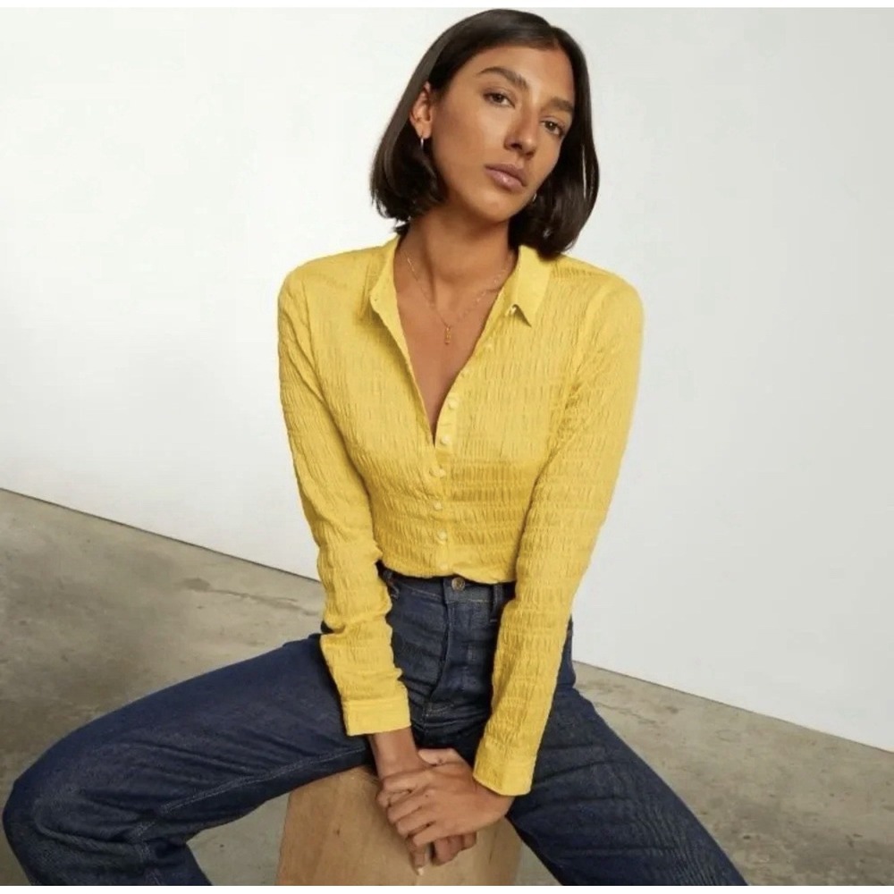 Everlane Shirt Womens 6 Yellow The Button Smock Top Super Lemon Long Sleeve